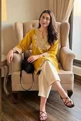 Mustard Yellow Embroidered Kurta with Off-White Palazzo Set