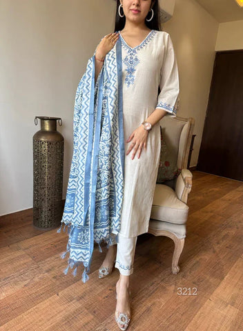 White Cotton Suit With Blue Embroidery And Printed Dupatta