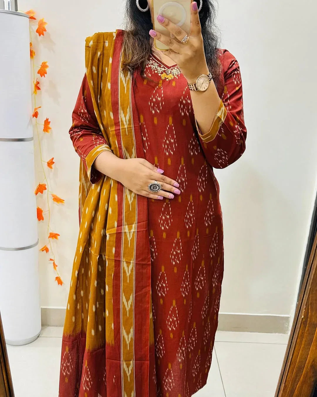 Premium Ajrak Cotton Suit Set – Maroon & Mustard Ikat Print | Kurti, Pant & Dupatta