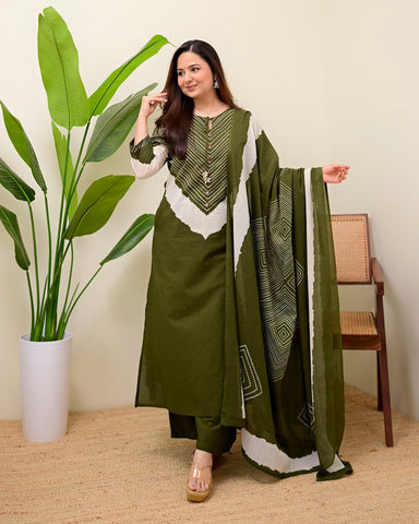 Elegant Olive Green Printed Kurta Set with Dupatta