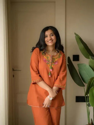 Sunset Orange Embroidered Kurta Co-Ord Set with Tassel Detailing
