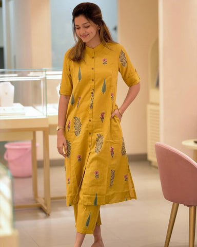 Sunlit Mustard Handblock Printed Kurta Pant Set
